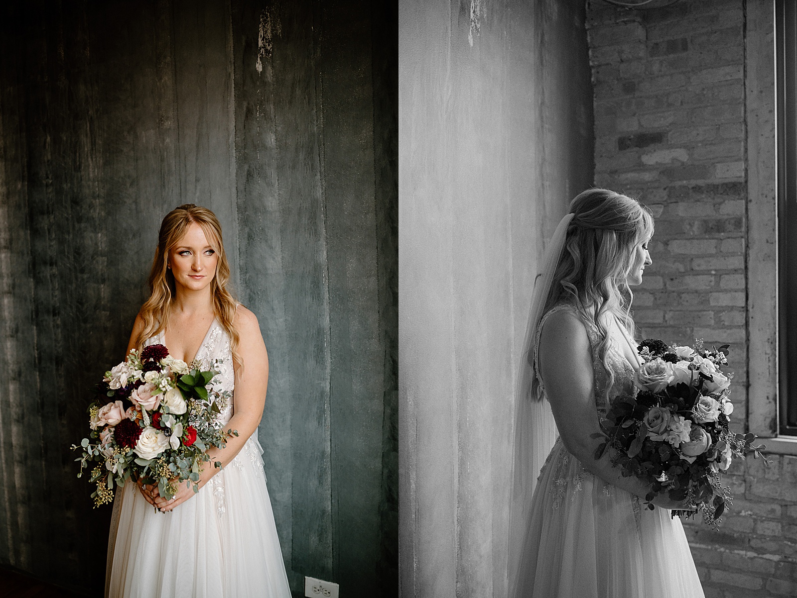 Bride in front of industrial backdrop at Lacuna Lofts