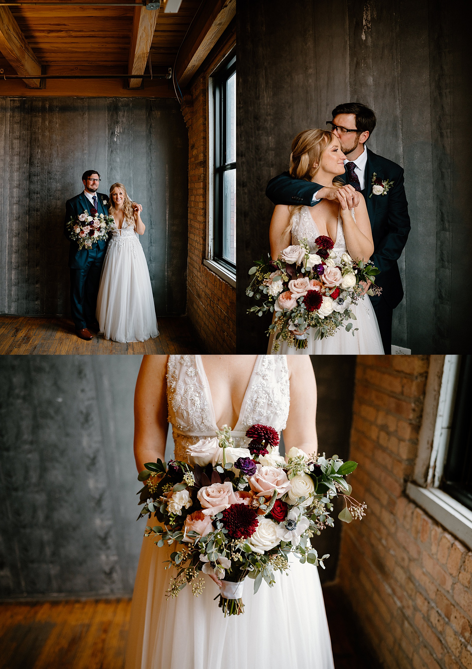Bride and groom in industrial room at Lacuna Lofts
