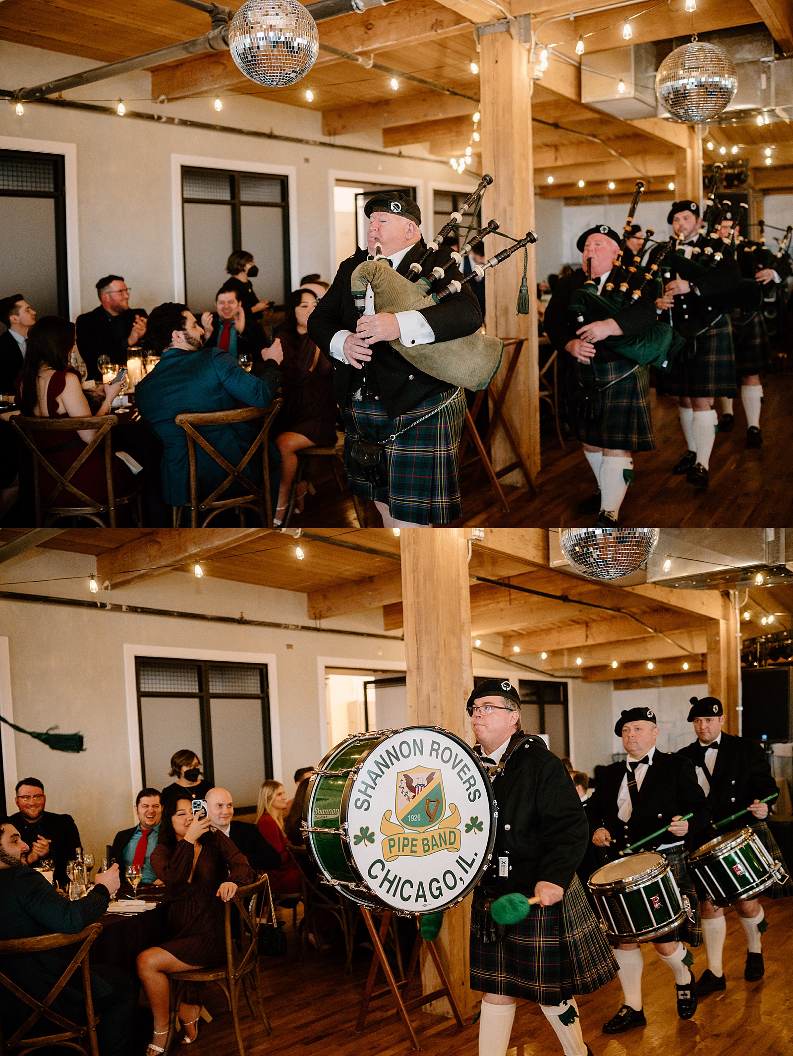 Scottish band marching into wedding reception with bagpipes 