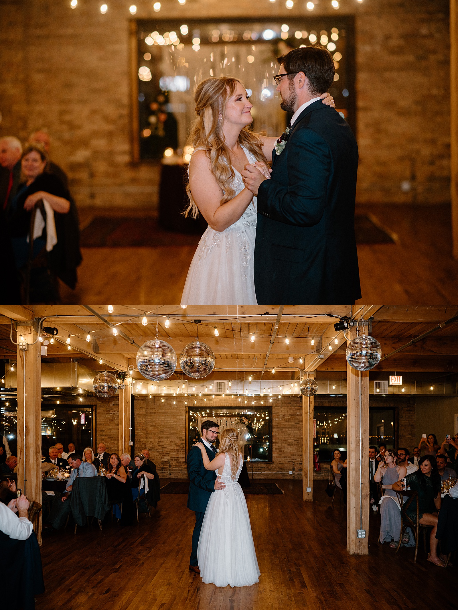 Newlyweds share their first dance under disco balls by Midwest wedding photographer Indigo Lace