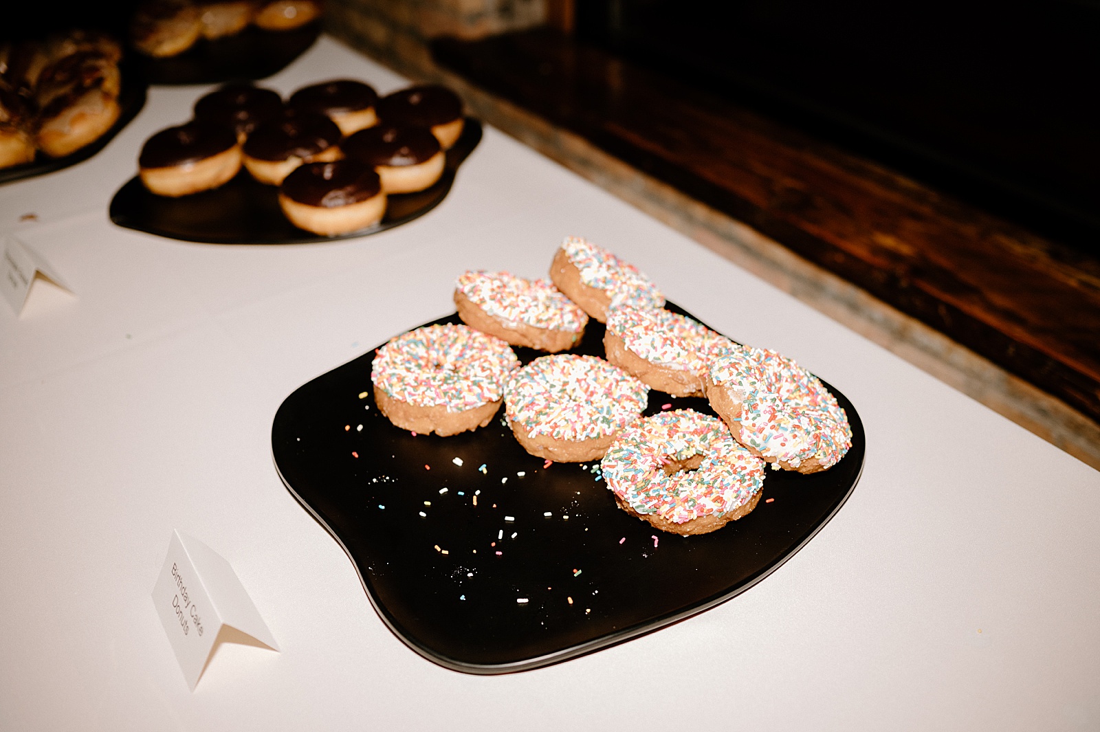 Midnight donuts at reception in Chicago by Midwest wedding photographer Indigo Lace