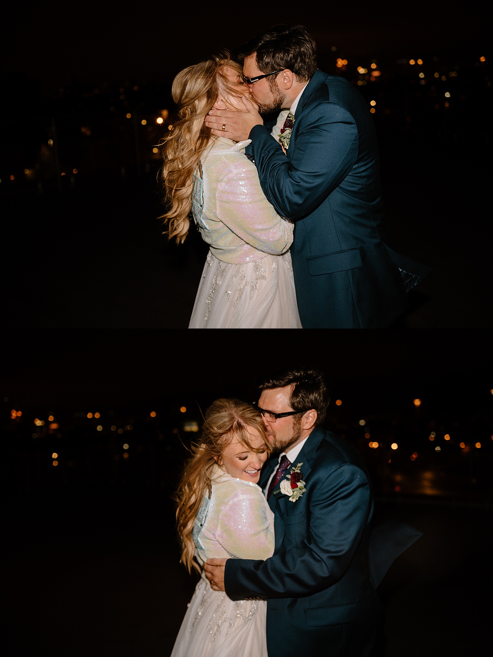 Bride and groom kissing outside at the end of their boho wedding 