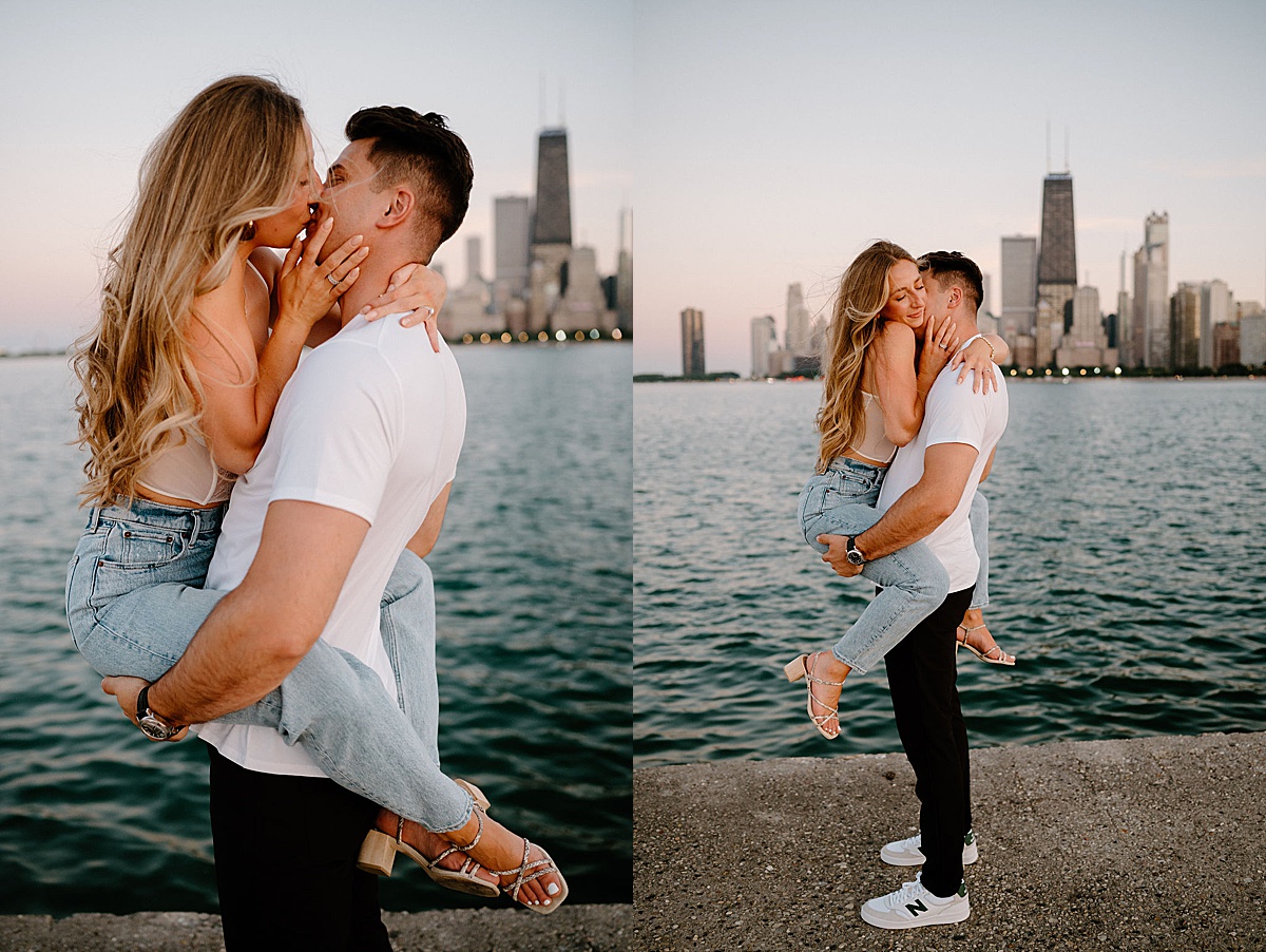 hip young couple pose as man sweeps woman off her feet during Grant Park and Chicago Skyline Engagement Session
