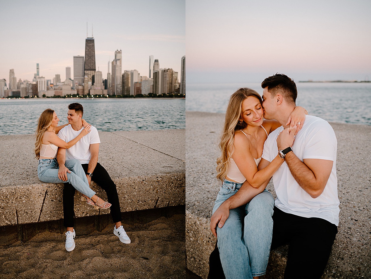 hip couple in white shirts and jeans pose on dock during Grant Park and Chicago Skyline Engagement Session