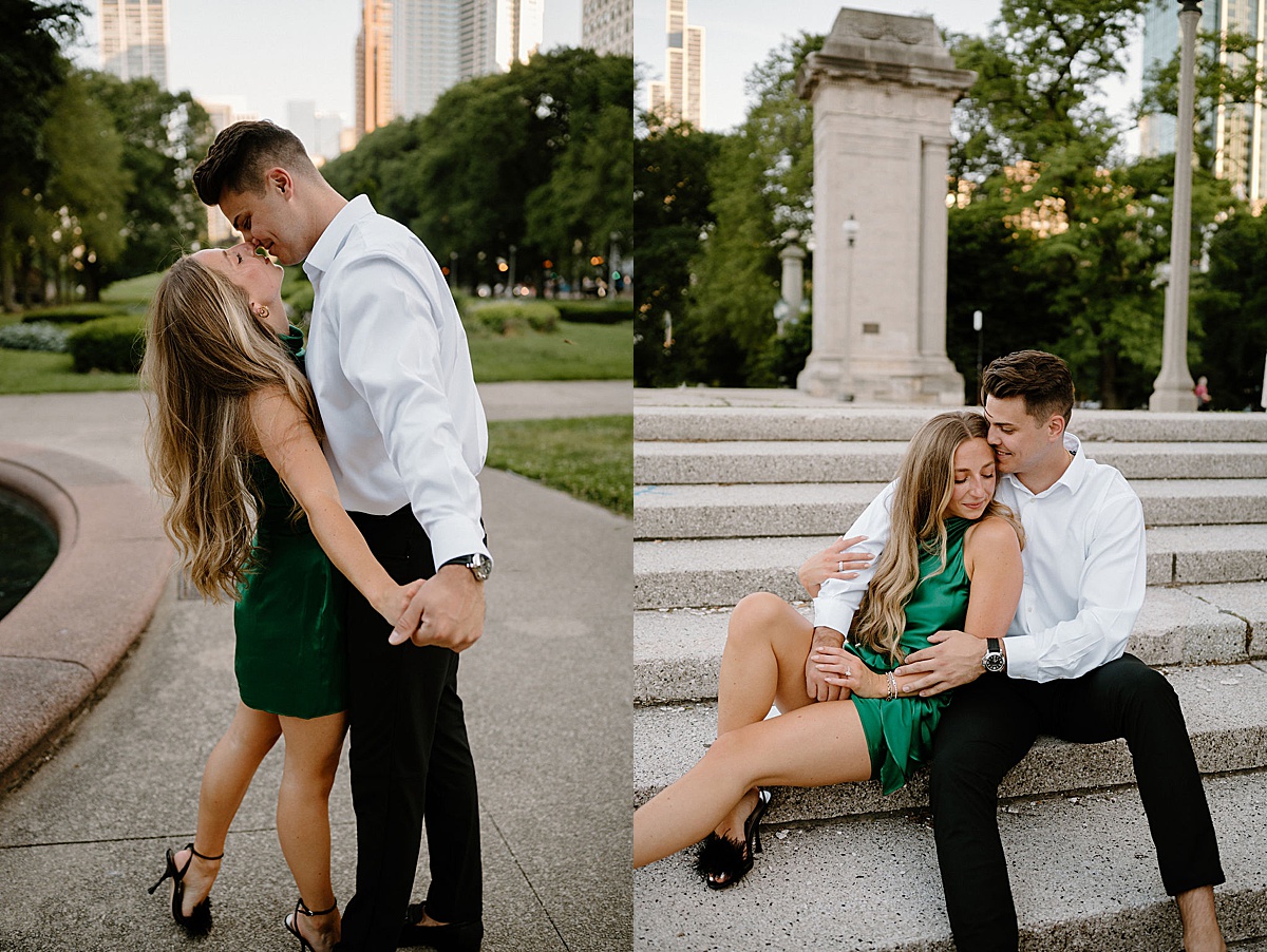 young couple with man wearing white dress shirt and woman in green dress pose for engagement session by Indigo Lace Collective