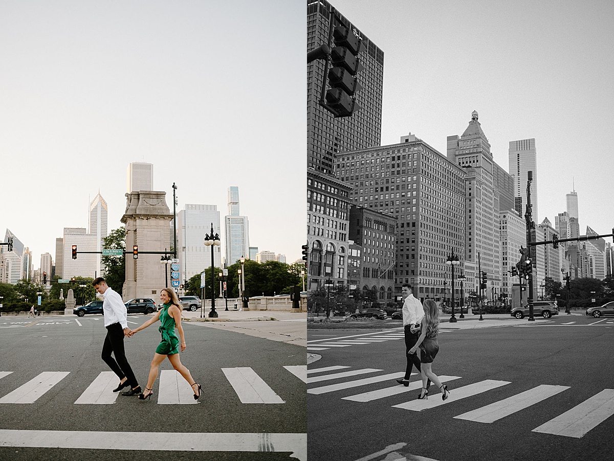 young editorial couple cross chicago downtown street during engagement session by Indigo Lace Collective