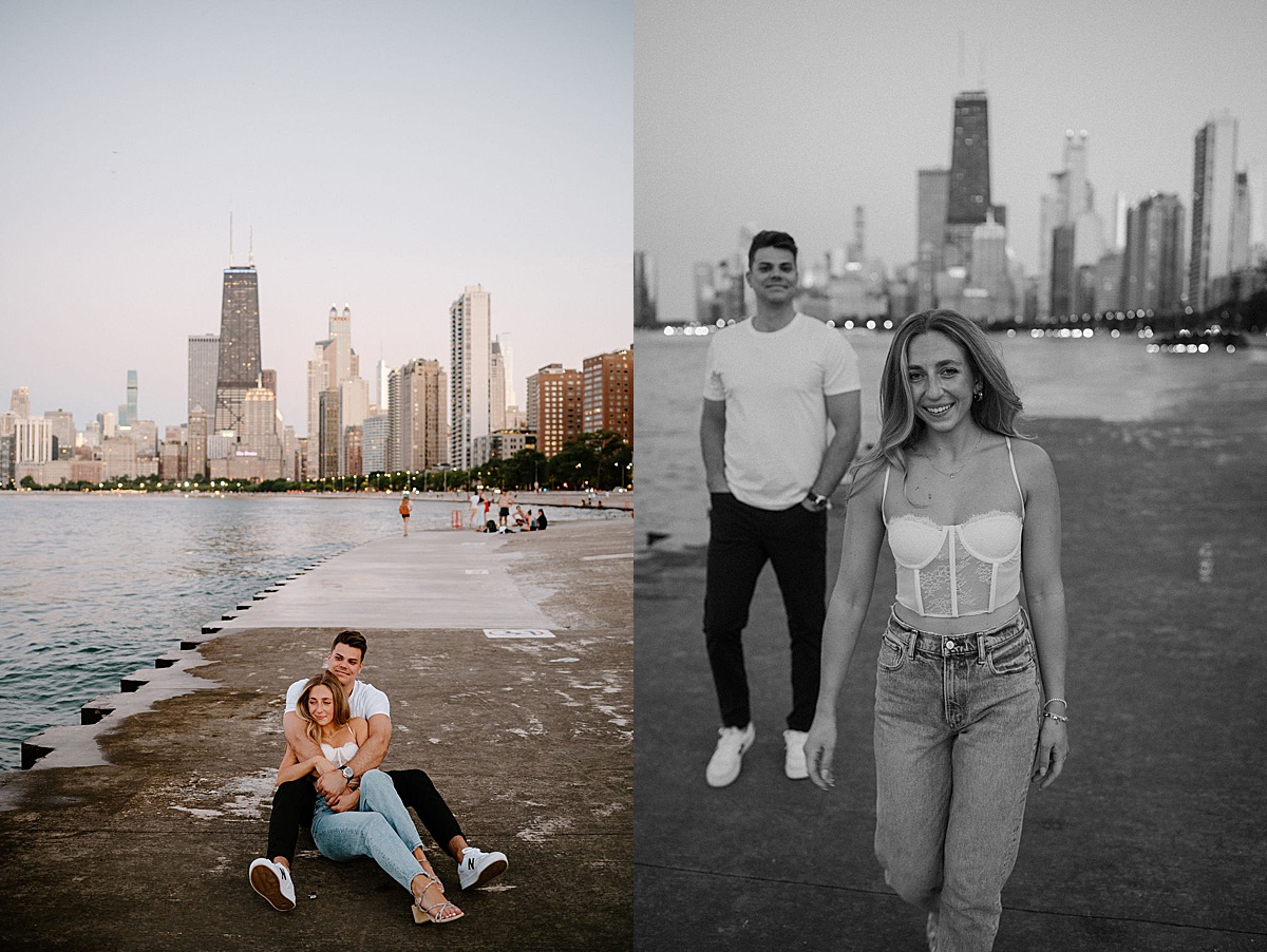woman in white bustier and jeans poses with fiancee in front of chicago skyline during shoot by midwest wedding photographer