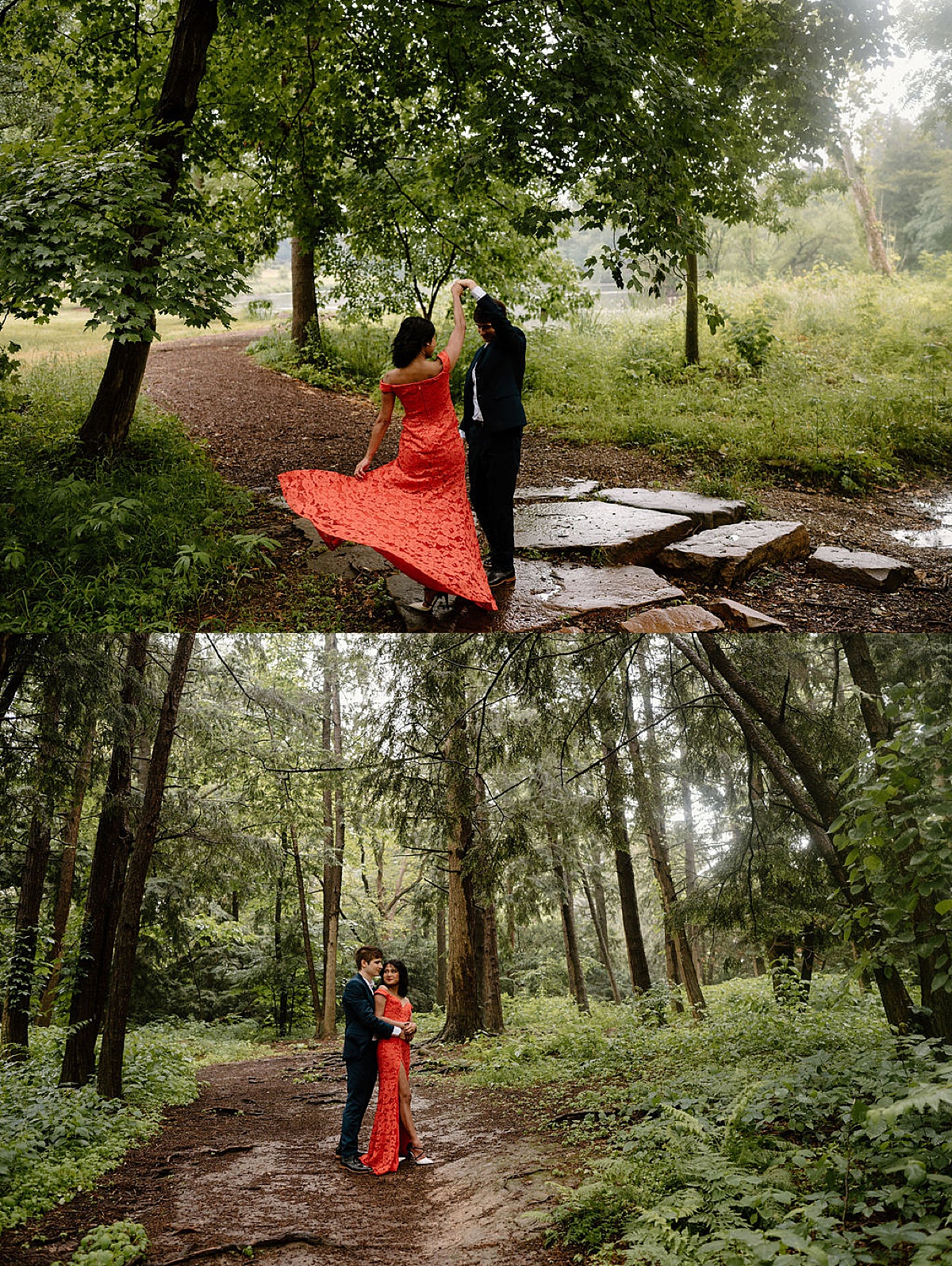 man and woman in red evening gown twirl during mortem arboretum engagement session