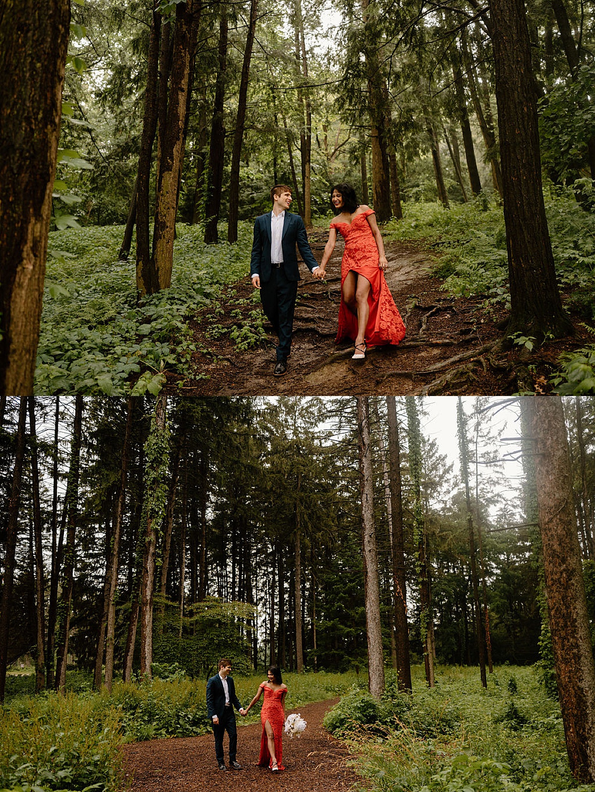 man and woman pose under dramatic trees after engagement during shoot by Indigo Lace Collective