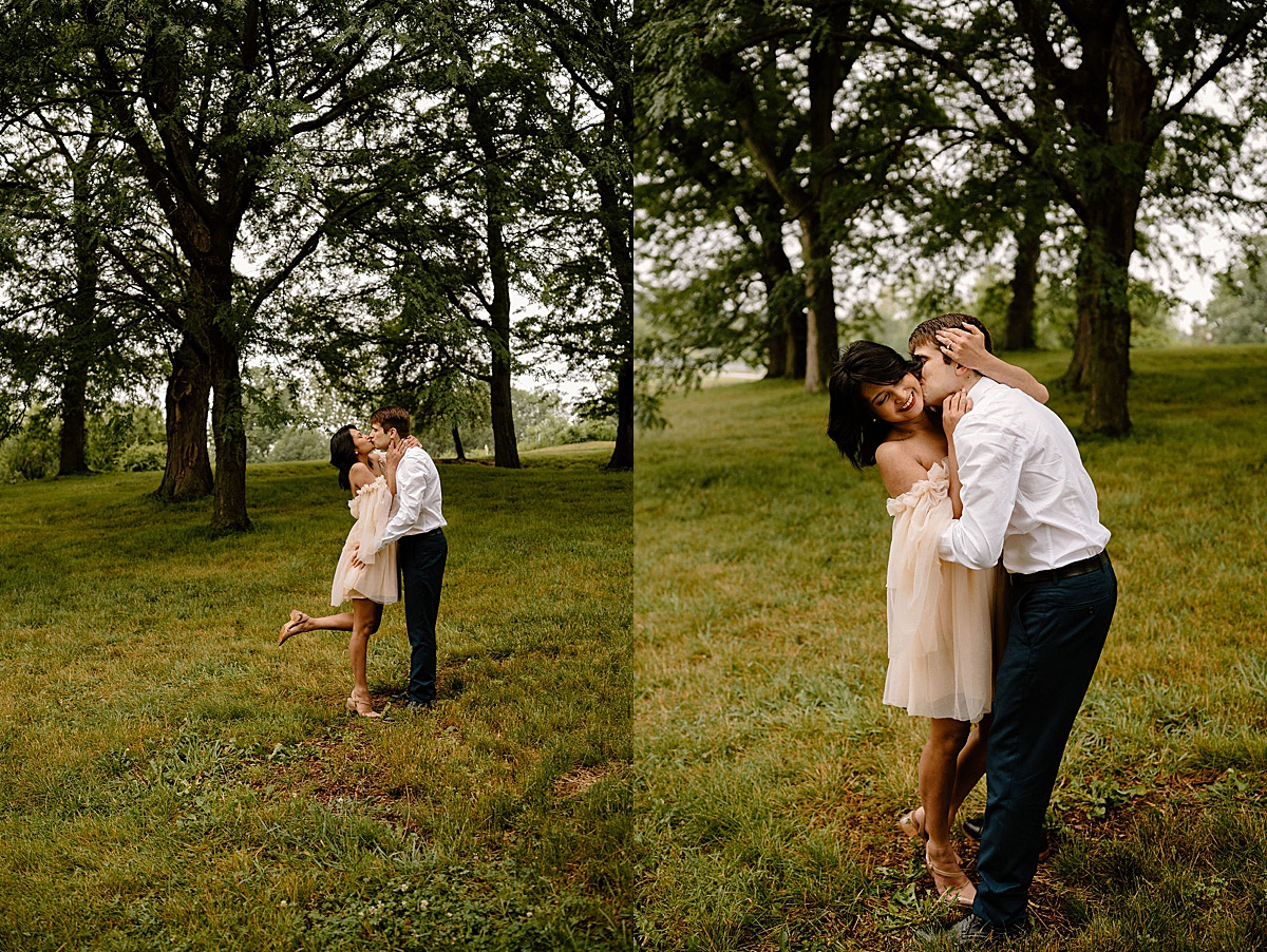 newly engaged couple kiss during idyllic outdoor shoot by Indigo Lace Collective