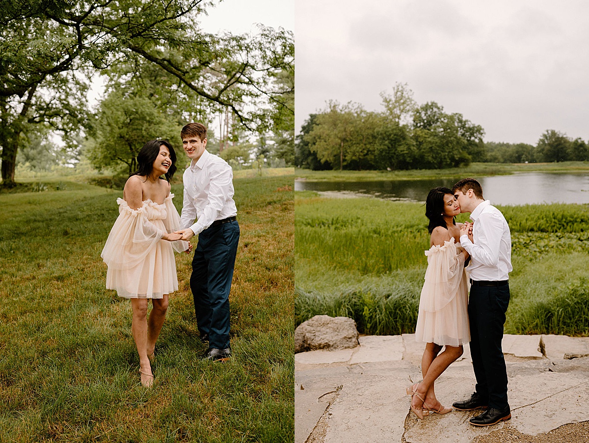 woman in romantic cream chiffon dress poses with fiance during engagement photos by Indigo Lace Collective