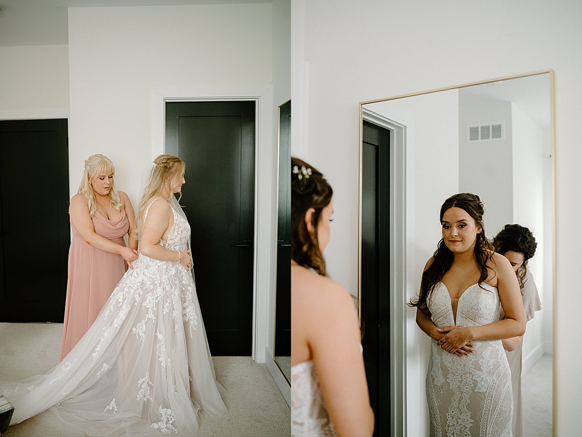 Two brides get ready with help from bridesmaids before same sex wedding at BASH Indianapolis