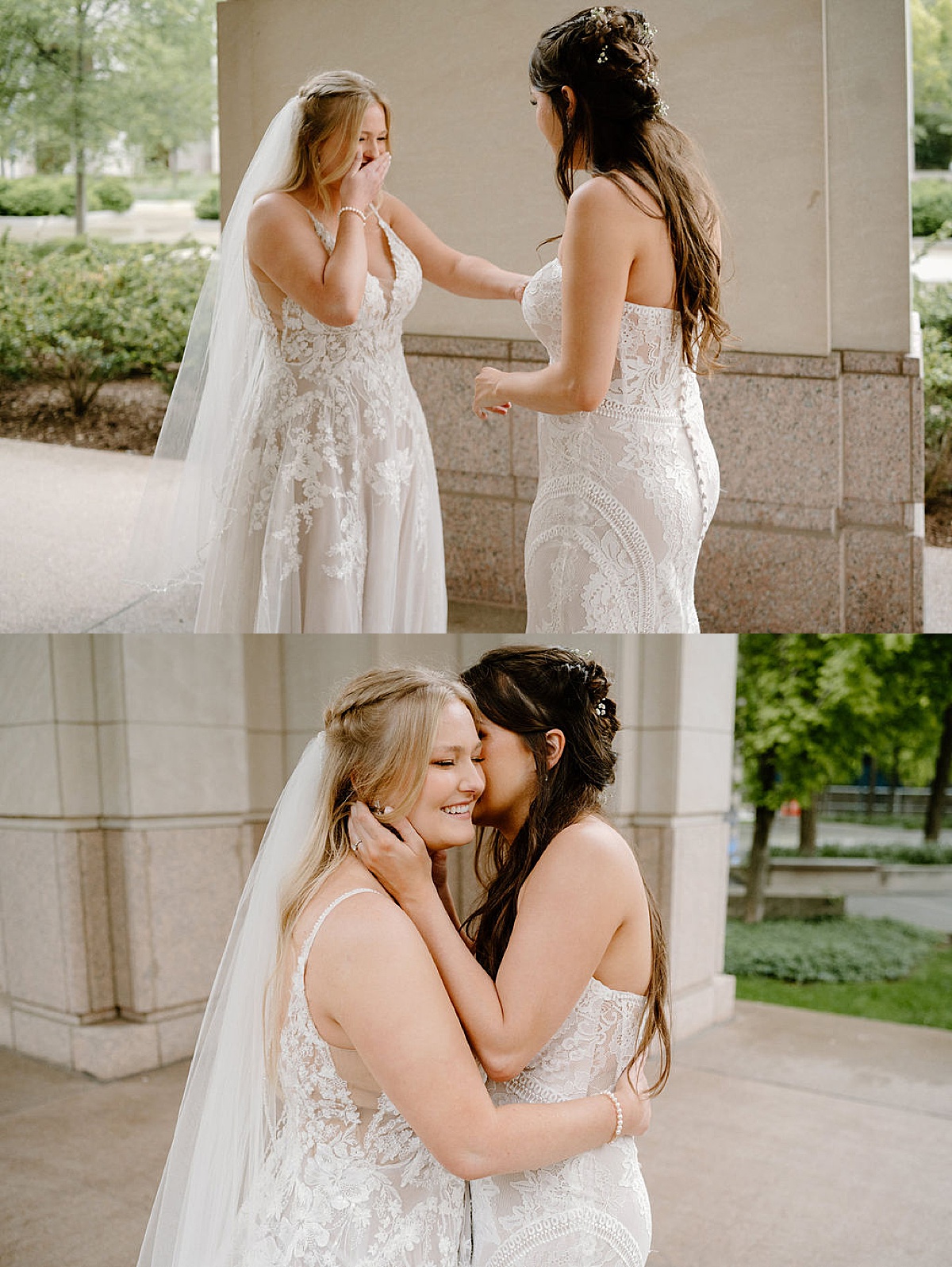 Two brides share a first look and embrace before same sex wedding at BASH Indianapolis