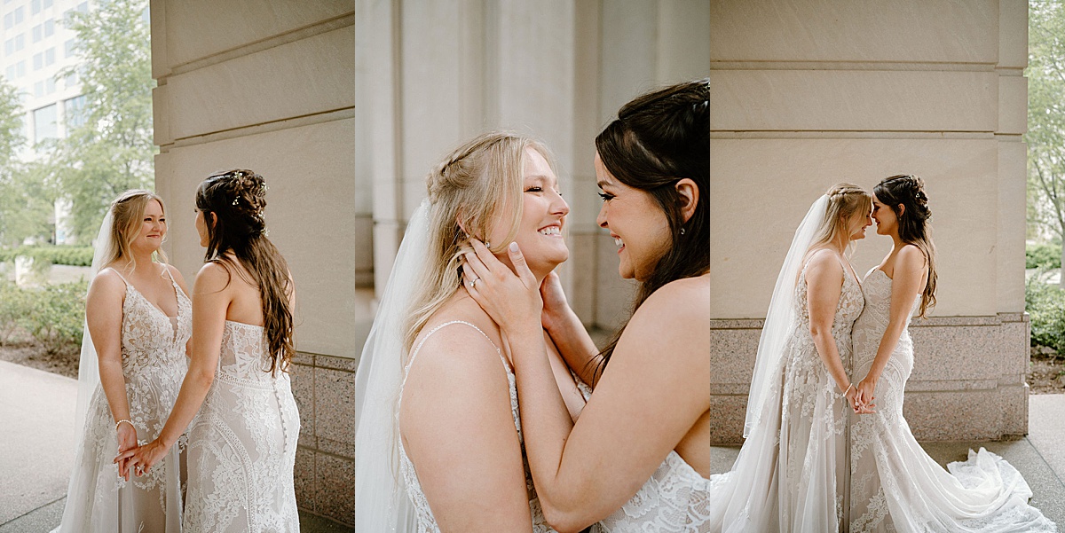 Two brides hold hands and smile during first look at same sex wedding at BASH Indianapolis