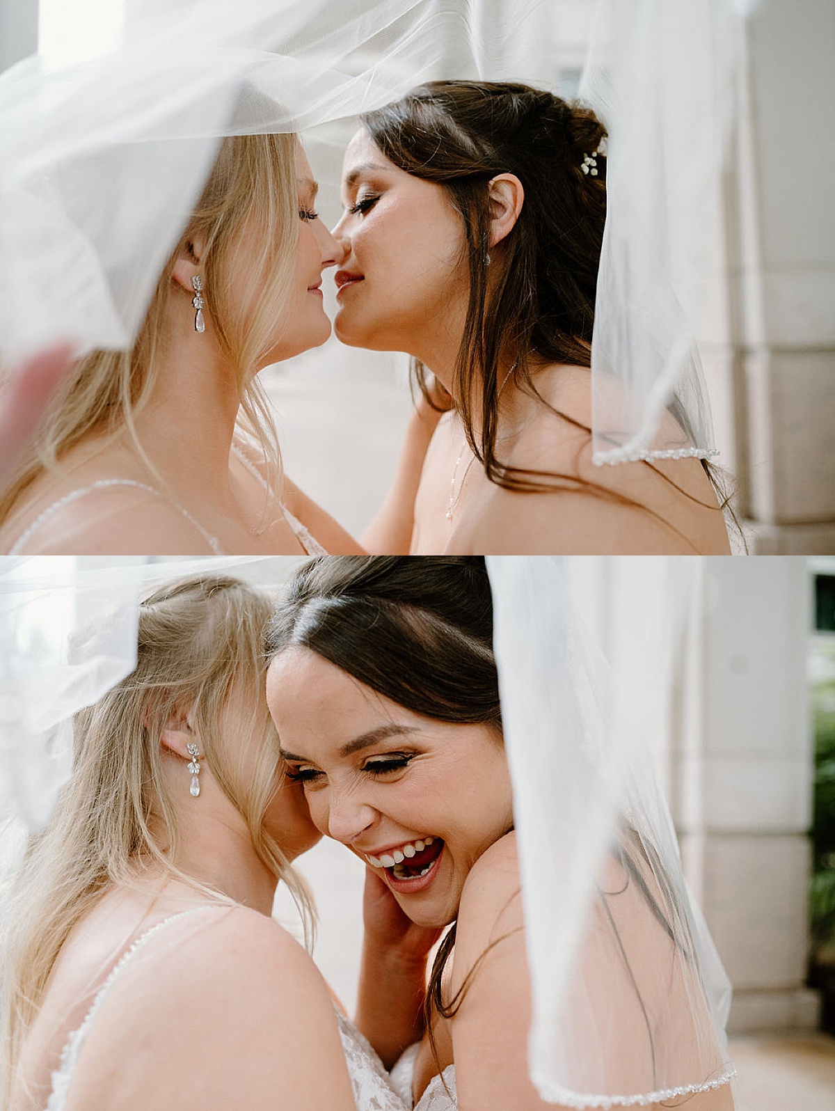 Two women kiss under bridal veil before they marry at ceremony shot by midwest wedding photographer
