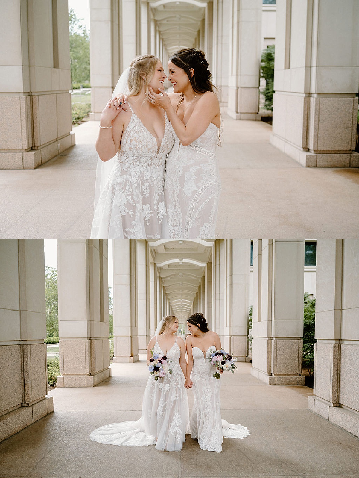 Two brides walk hand in hand with luxe lace gowns and bouquets before ceremony shot by midwest wedding photographer