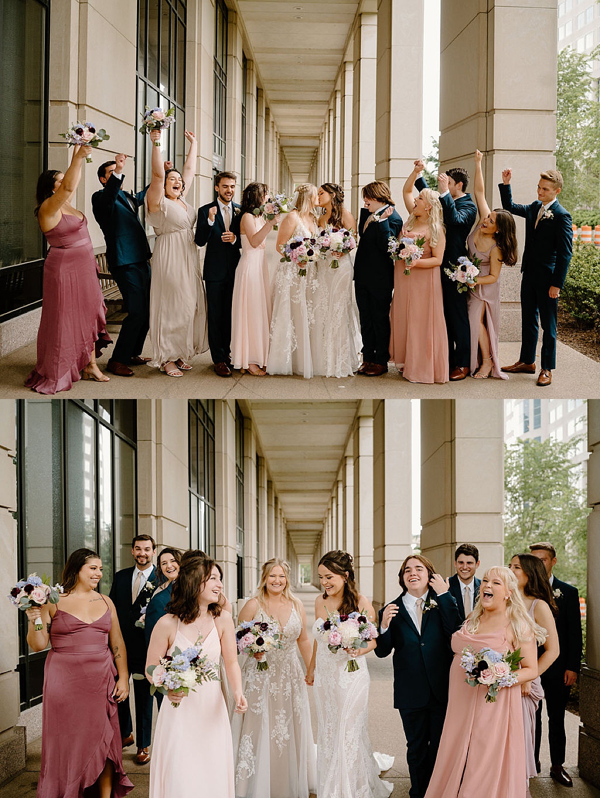 wedding party cheers two brides as they kiss before elegant ceremony shot by midwest wedding photographer