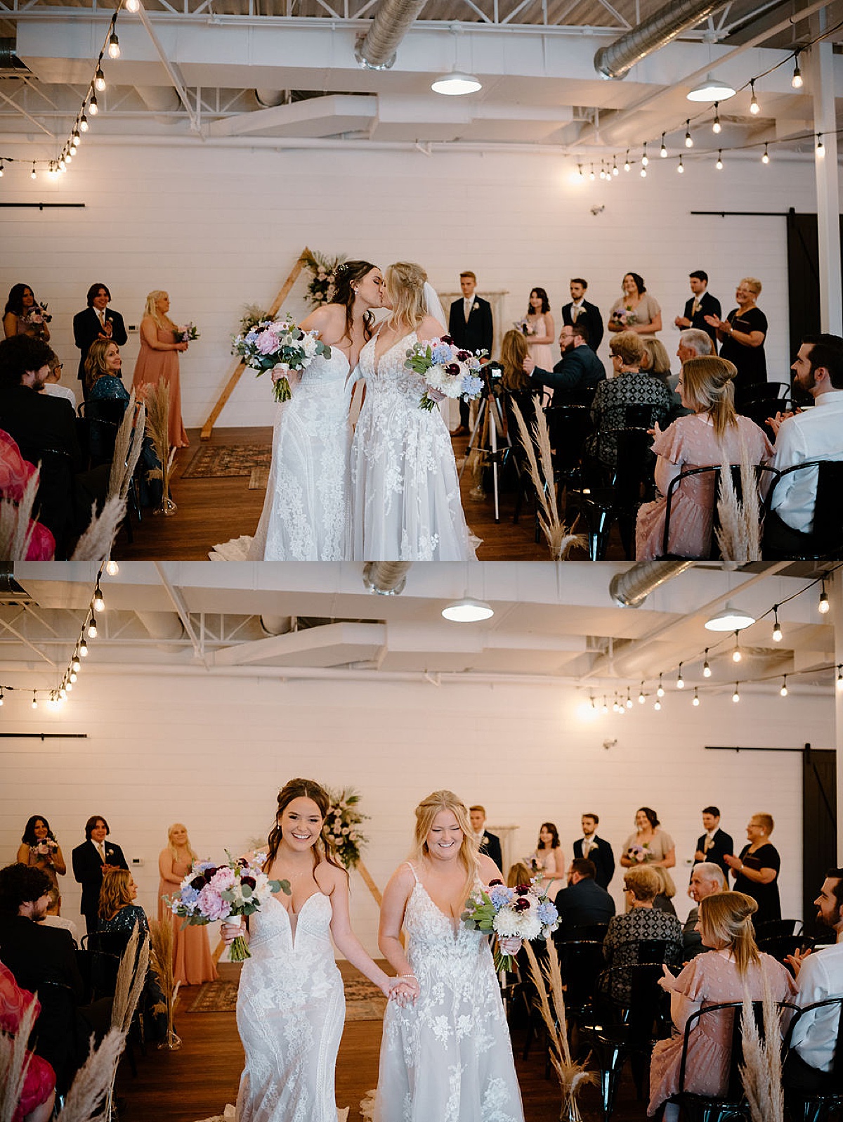 Two brides walk down the aisle after getting married during ceremony shot by Indigo Lace Collective