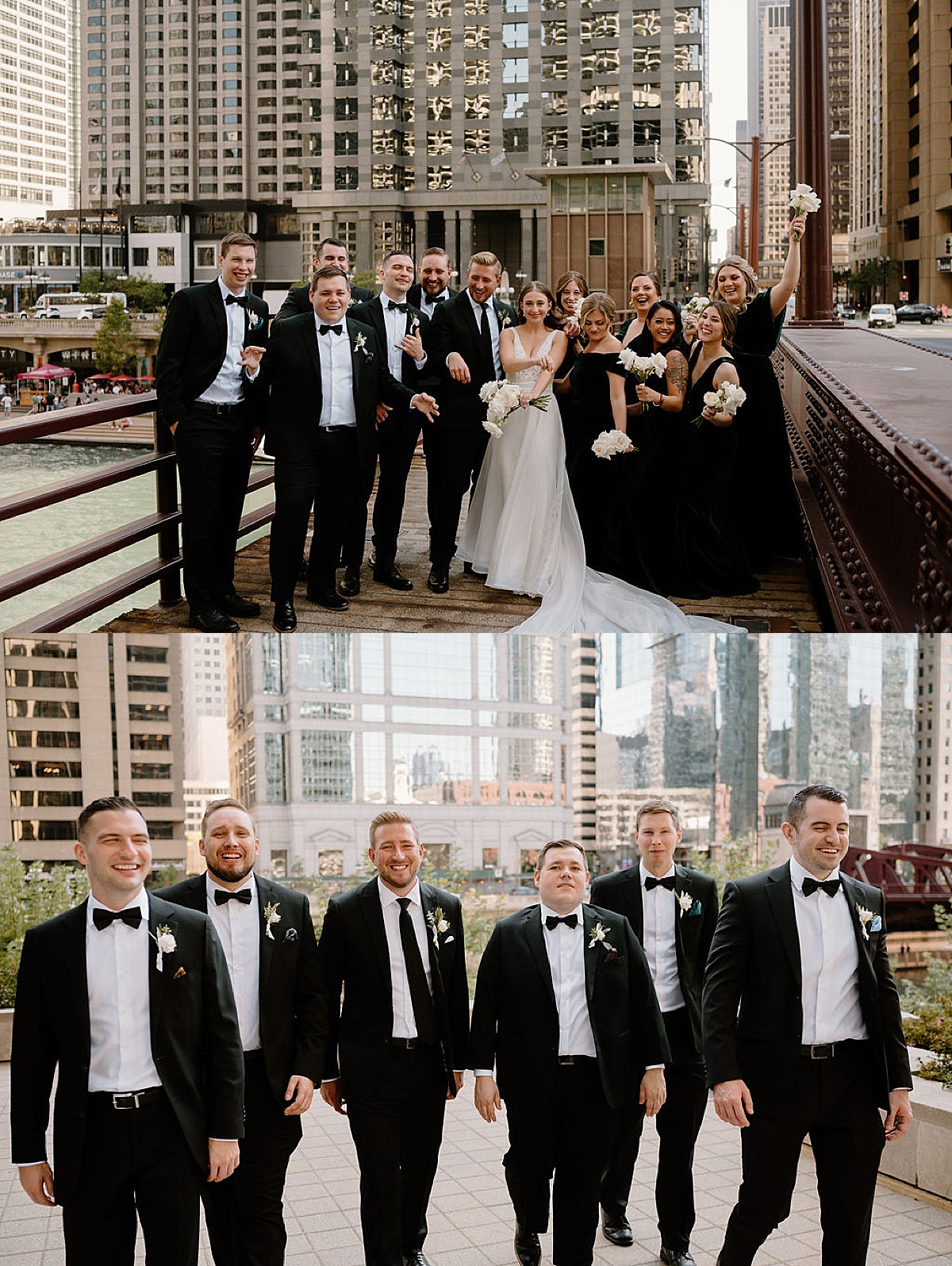 Wedding party poses on bridge over chicago river during elegant editorial wedding at bridgeport art center