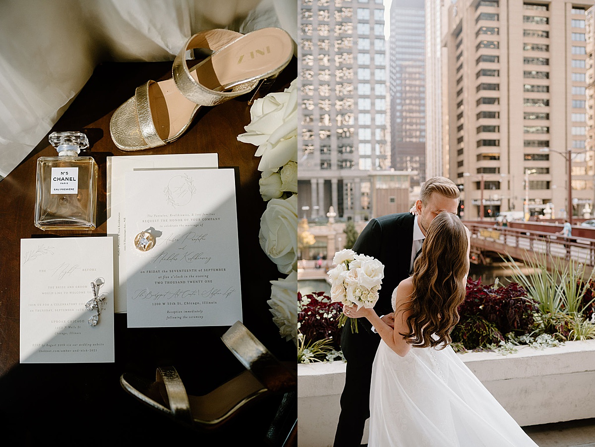 stationary details and engagement ring styled shot next to bride and groom kissing during elegant editorial wedding at bridgeport art center