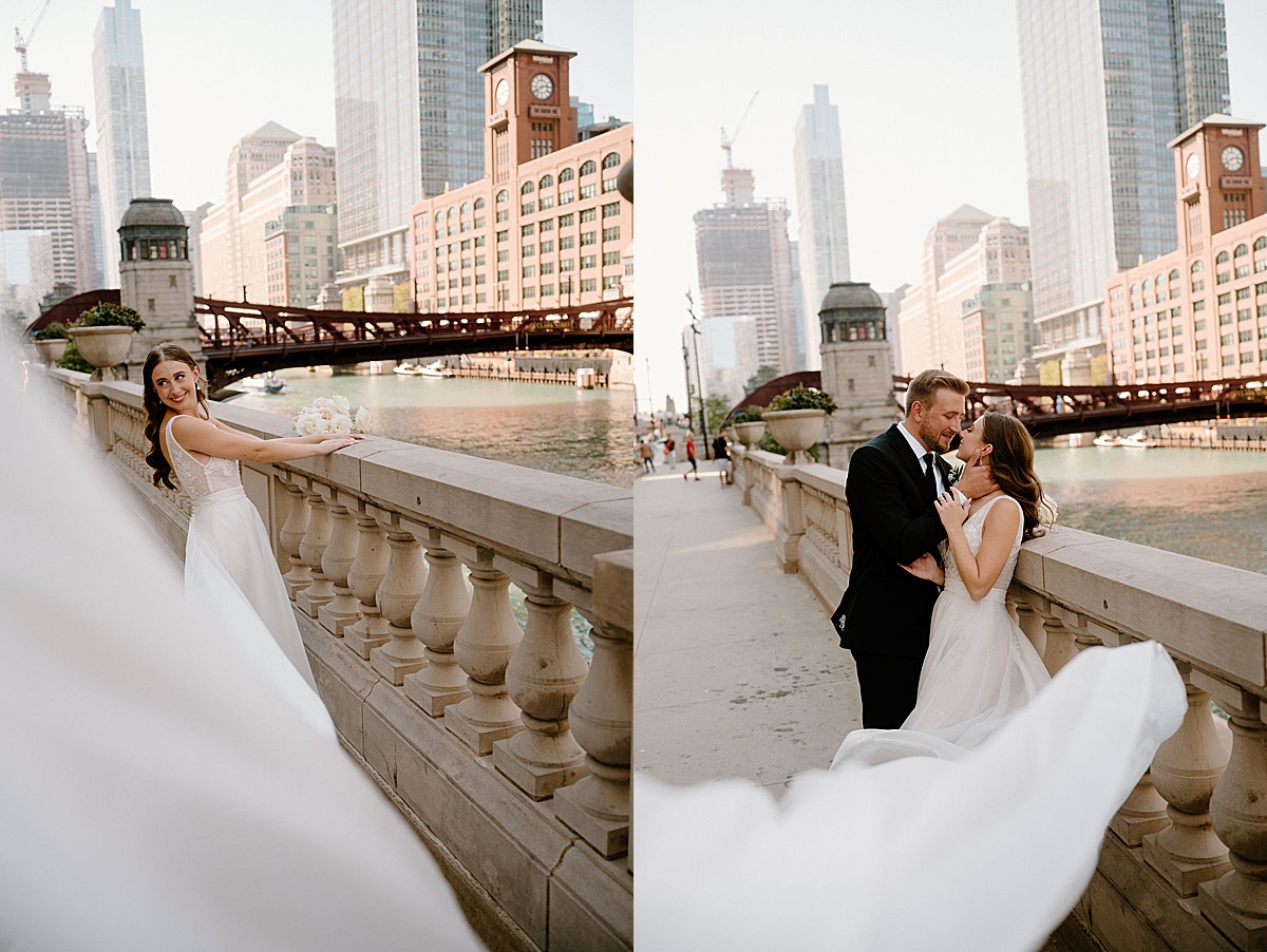 bride and groom pose on chicago waterfront during wedding ceremony shot by Indigo Lace Collective