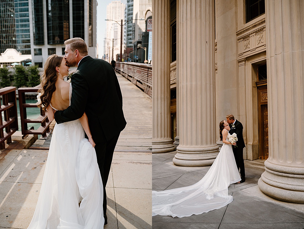 bride and groom pose in front of iconic chicago architecture during wedding shot by Indigo Lace Collective