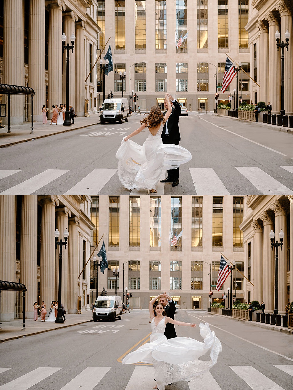Bride and groom twirl in city street during elegant midwest wedding by Indigo Lace Collective