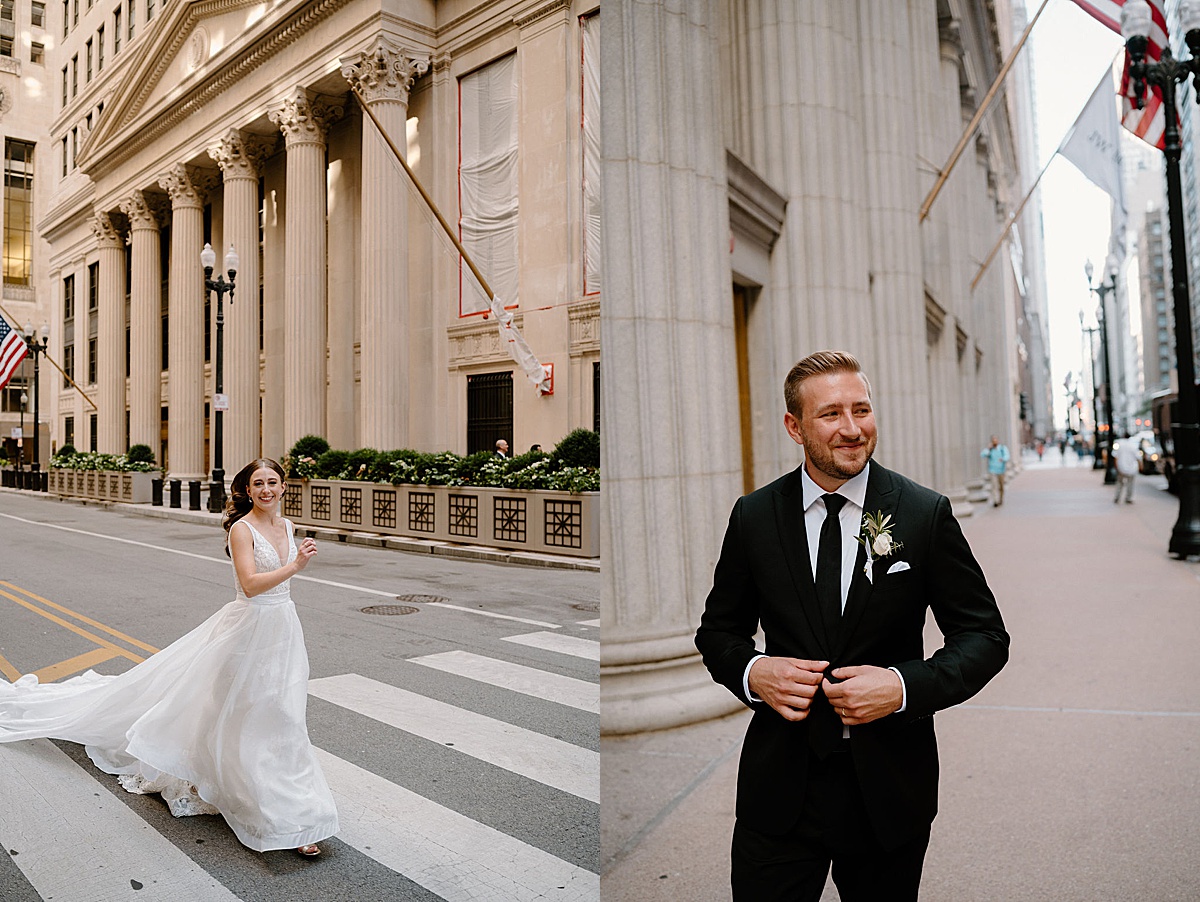 bride and groom pose for elegant shoot in busy city by Indigo Lace Collective