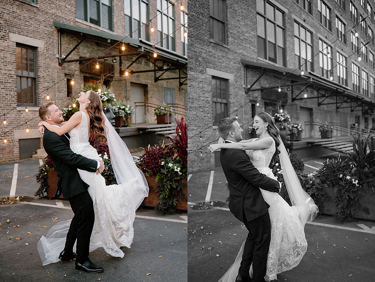 groom twirls bride around at industrial elegant reception with midwest wedding photographer