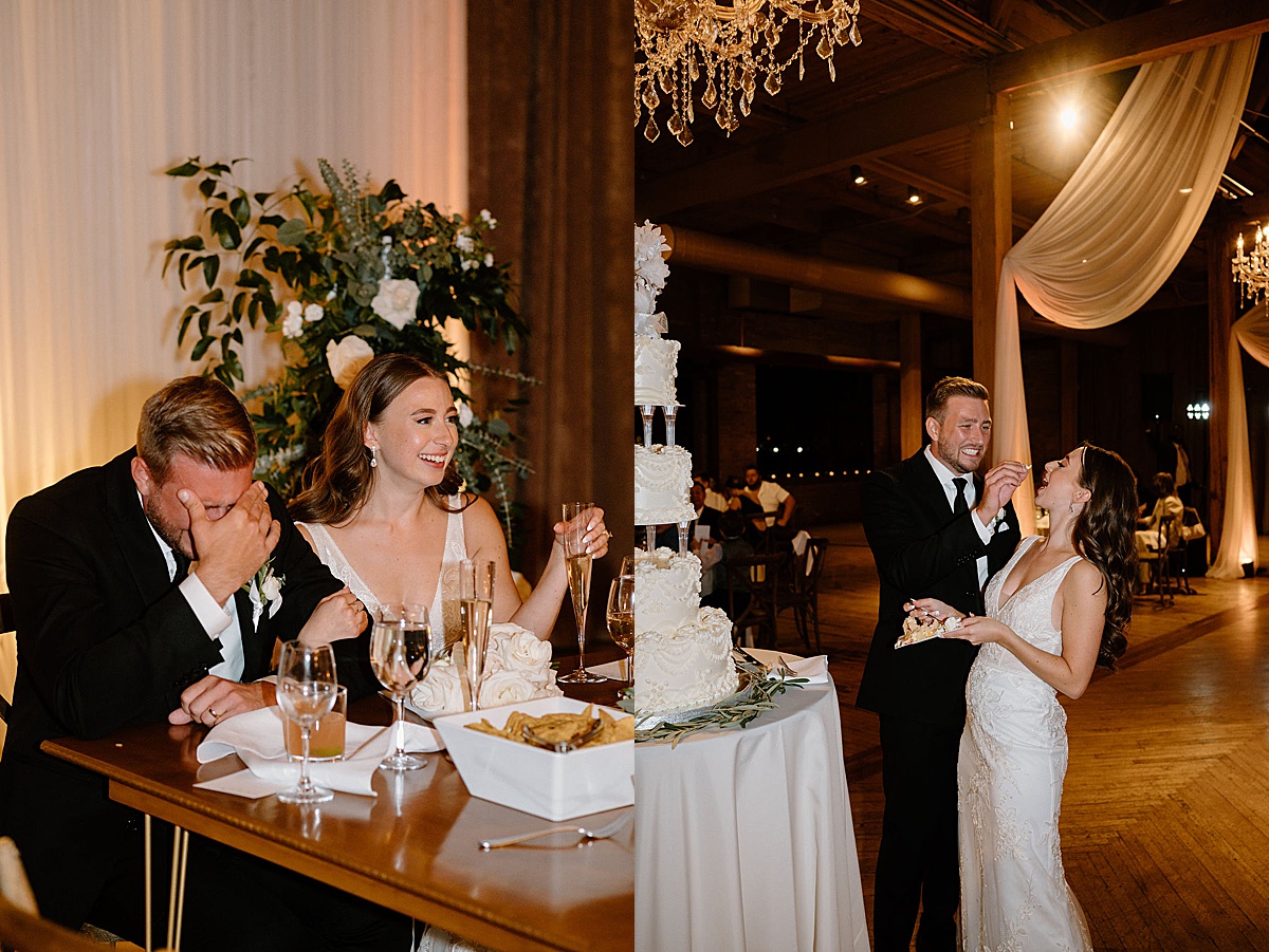 bride and groom laugh at toasts and cut the cake during elegant industrial venue reception with midwest wedding photographer