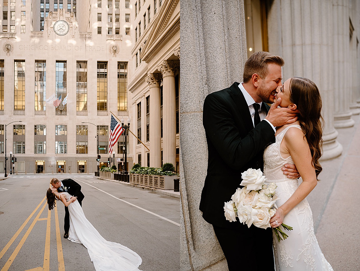 bride and groom kiss while crossing chicago street during shoot by midwest wedding photographer