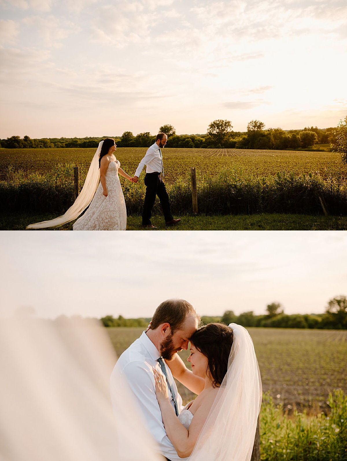 bride and groom walk through golden hour field after rustic summer wedding at Heritage Prairie Farm