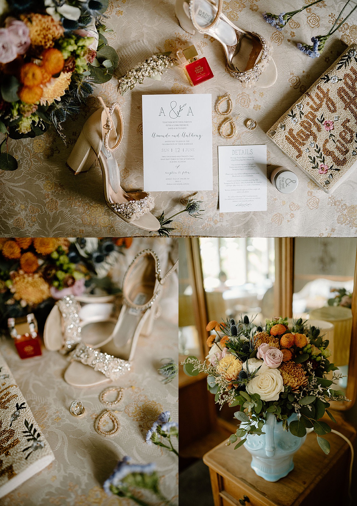 wedding invitation, embellished high heels, beaded clutch, and bouquets sit ready for rustic summer wedding at Heritage Prairie Farm