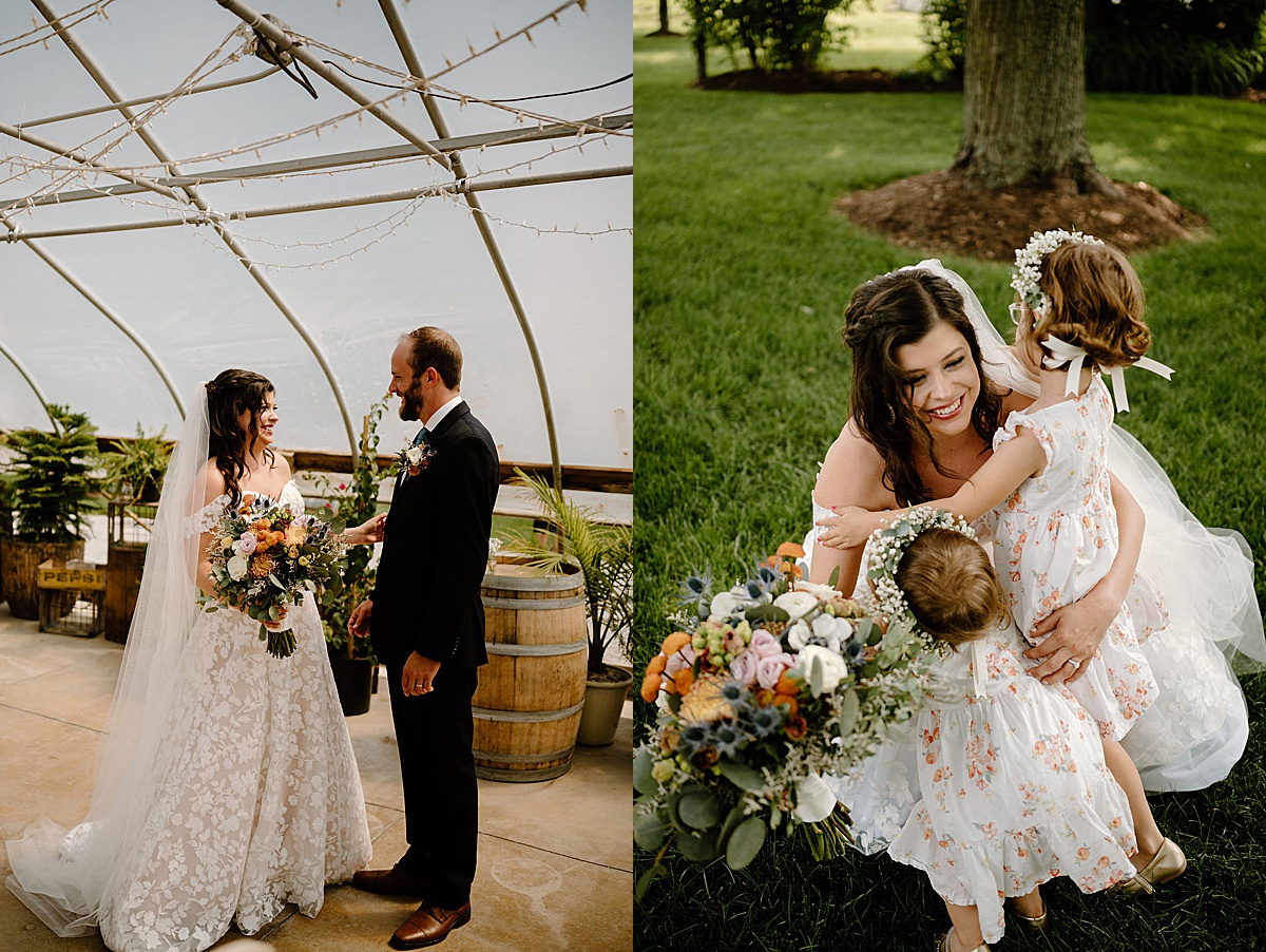 bride and groom share first look in greenhouse and bride hugs flower girls at rustic summer wedding at Heritage Prairie Farm