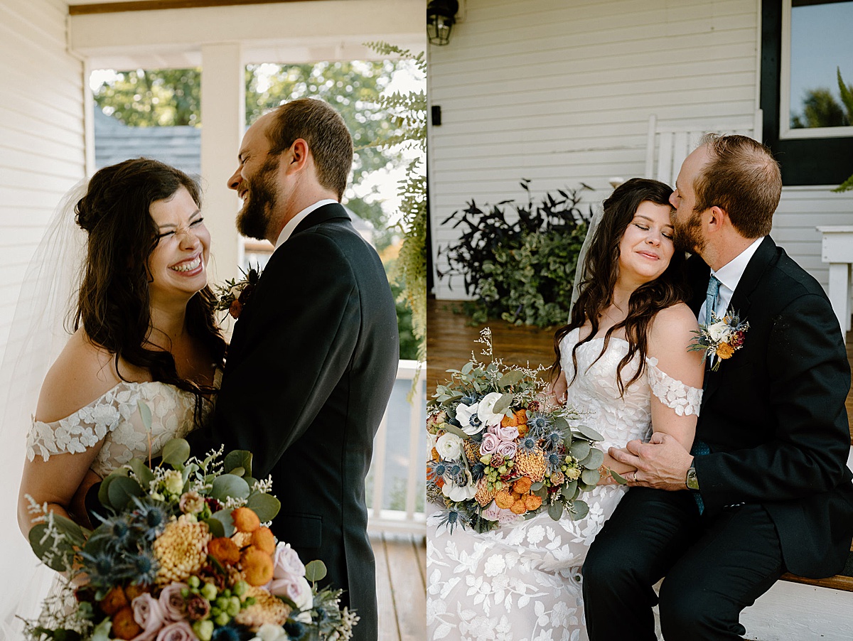 boho rustic bride and groom pose on verandah at outdoor wedding shot by indigo lace collective