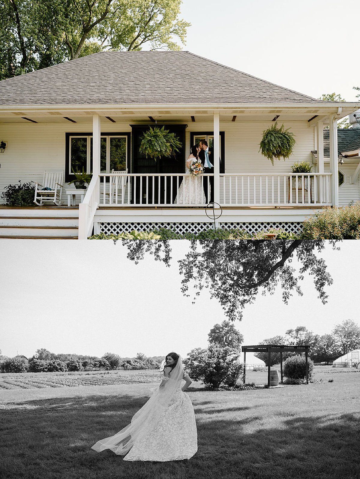 bride and groom pose on verandah after outdoor wedding ceremony at illinois farm shot by indigo lace collective