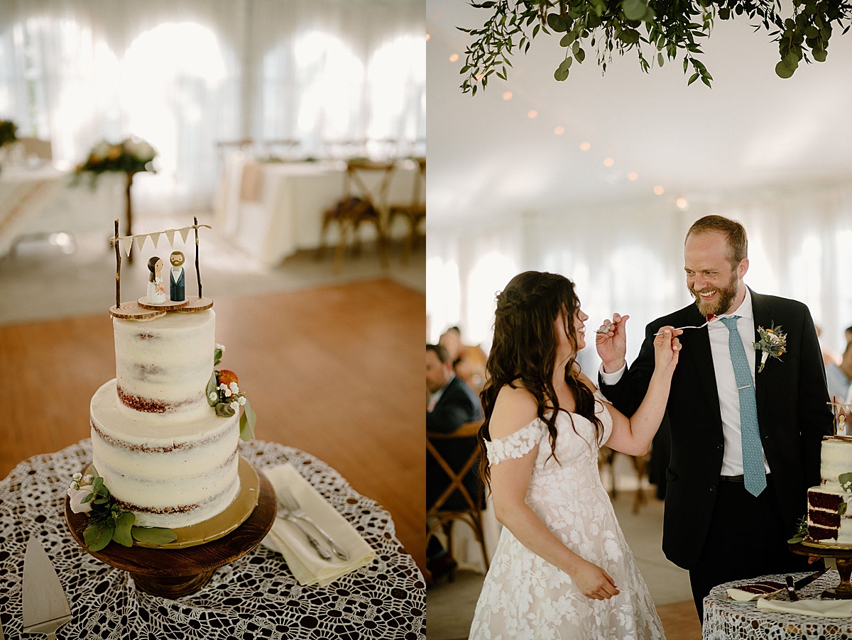 bride and groom cut the cake with hand painted cake topper during rustic ceremony shot by midwest wedding photographer