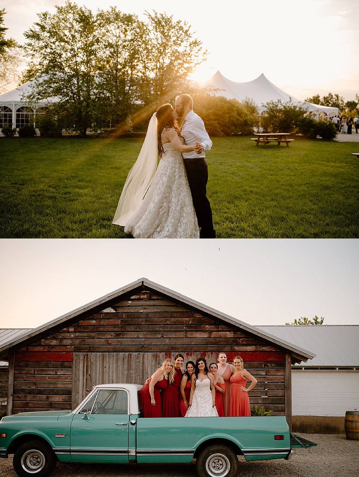 bride and groom dance on the lawn and bridal party poses in the back of vintage pickup truck | midwest wedding photographer