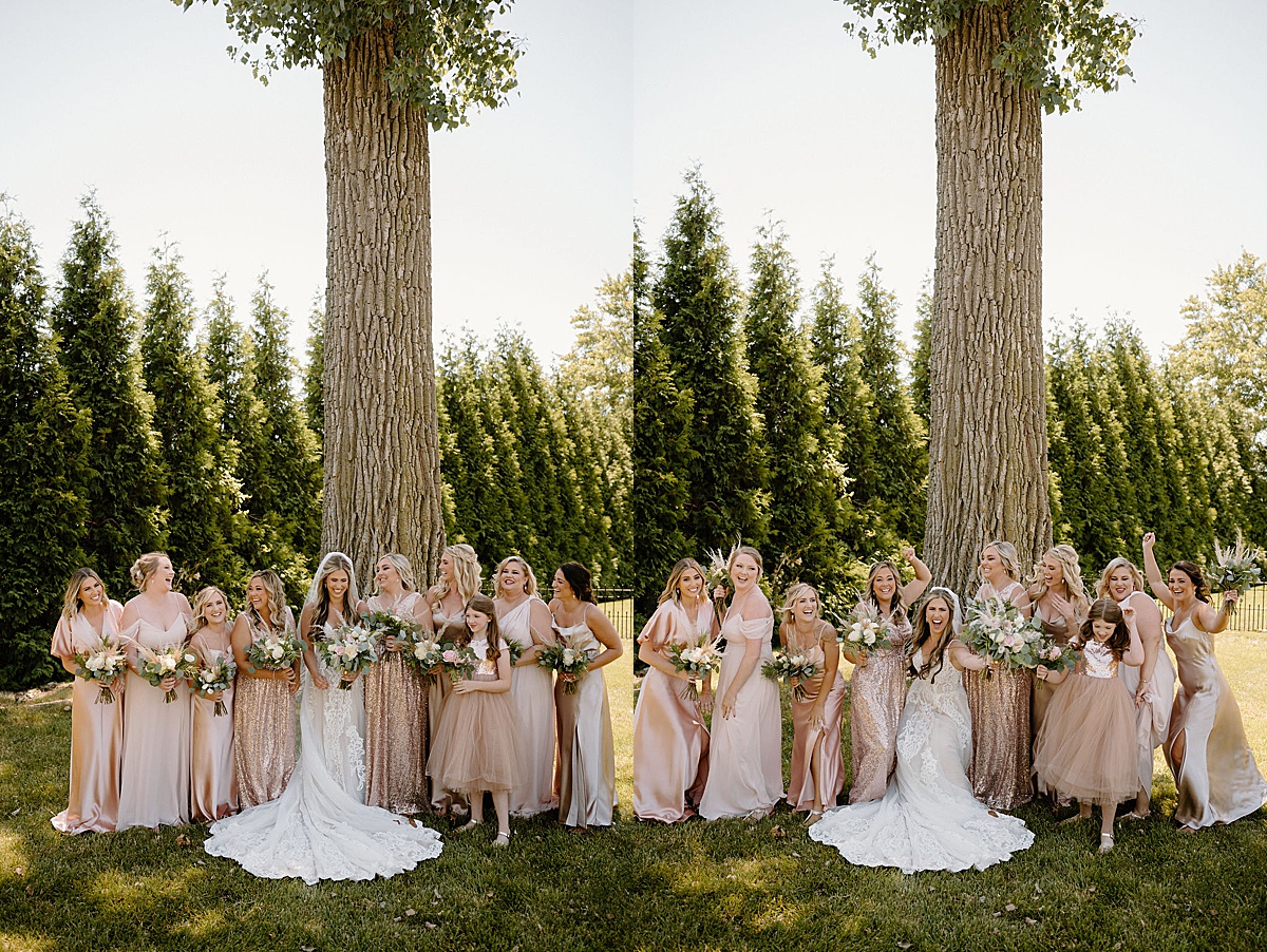 bridal party in pastel sequin and satin gowns celebrate with bride during good vibes summer wedding at union 12