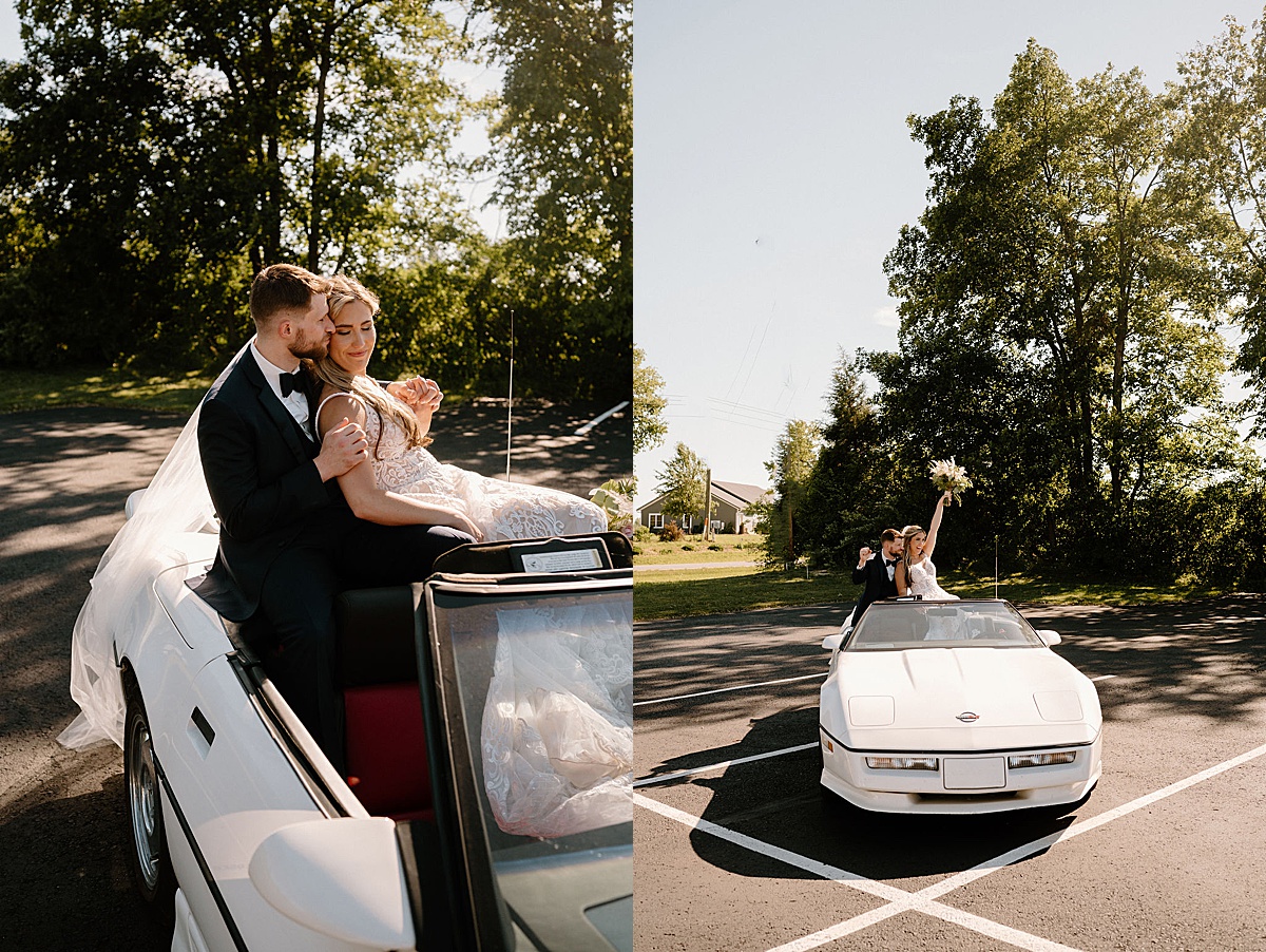bride and groom pose in back of 80s convertible after fun ceremony shot by indigo lace collective