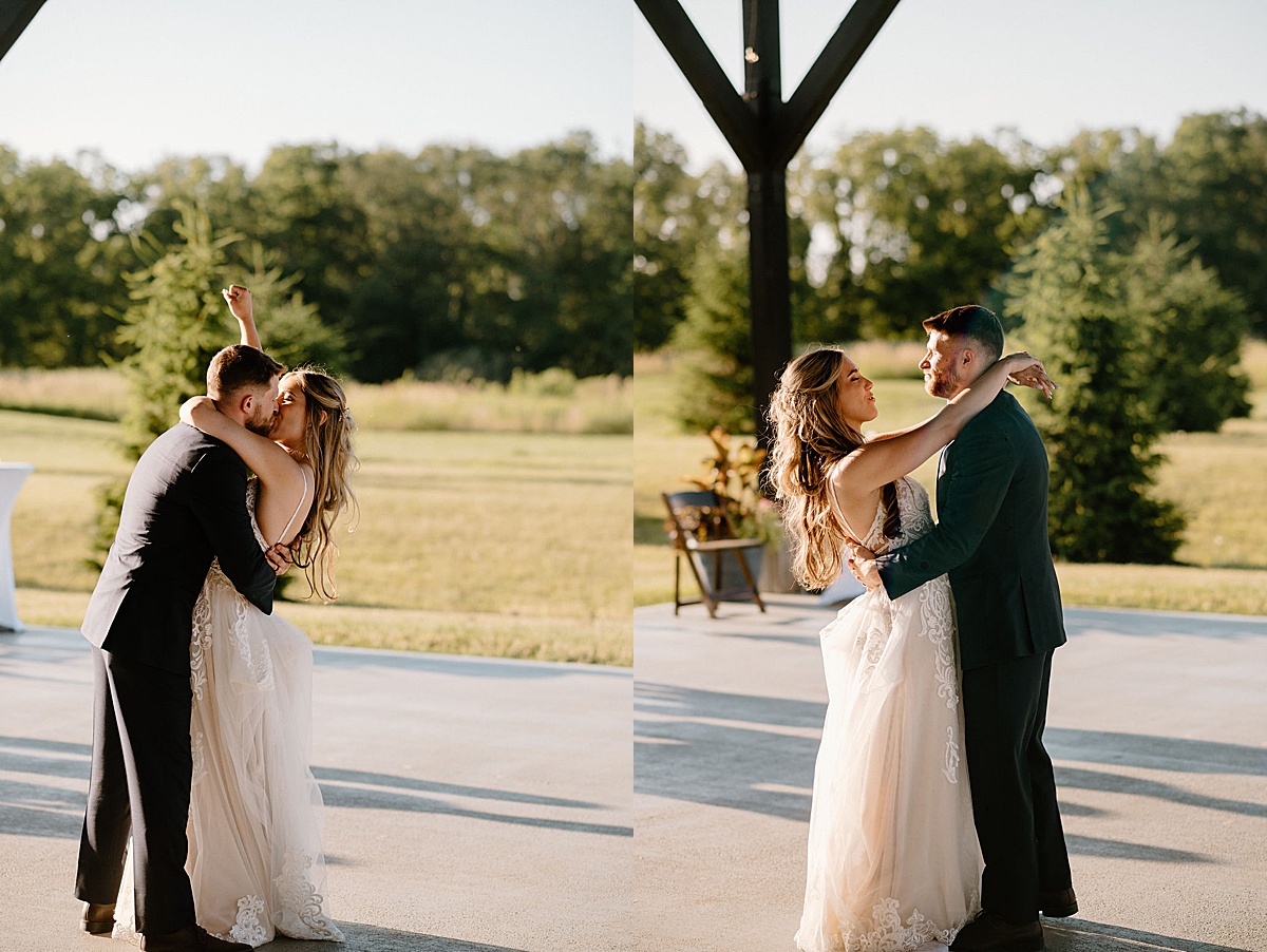bride and groom share first dance on venue patio in fort wayne shot by indigo lace collective