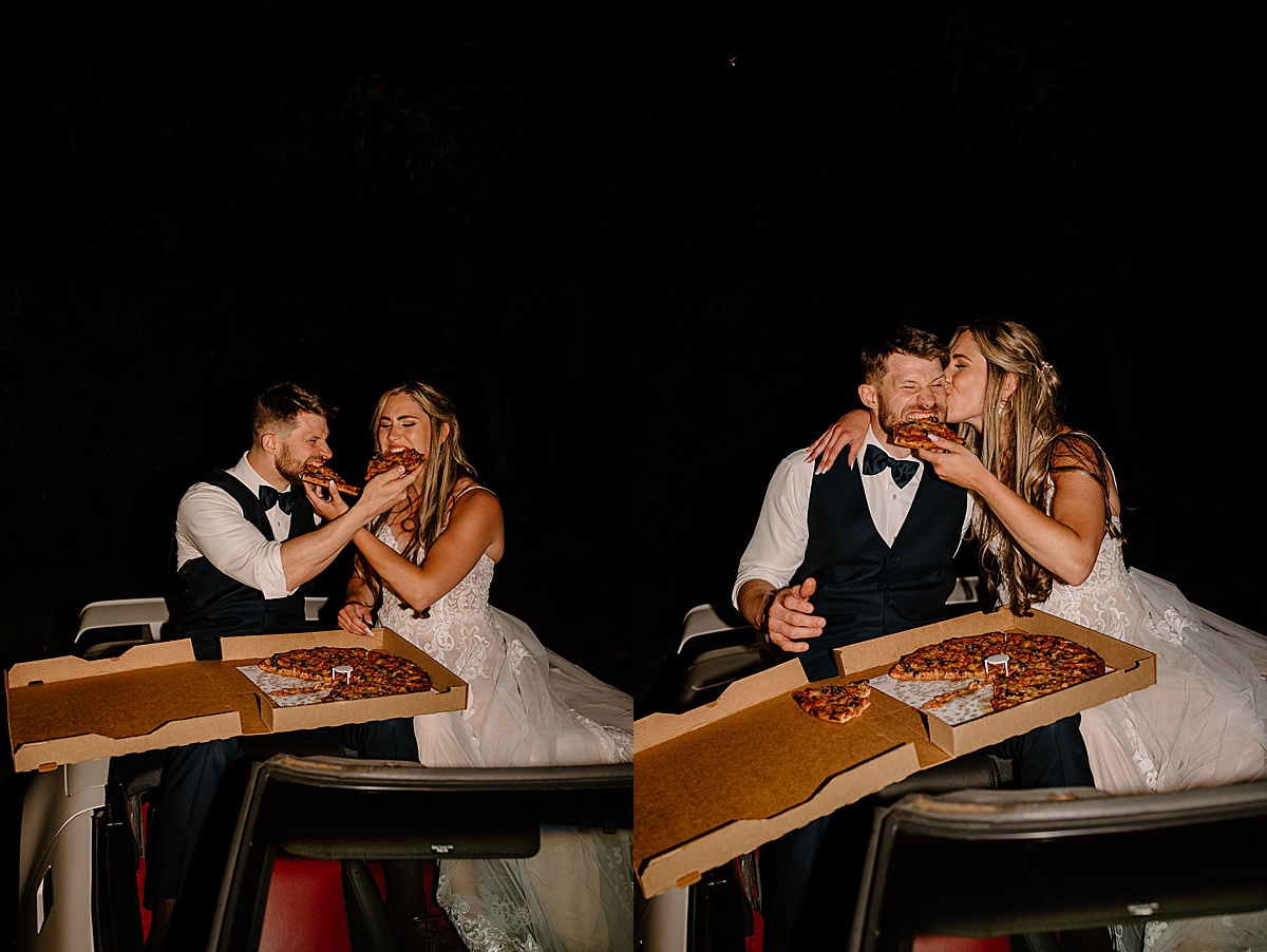 newlywed couple feed each other pizza in the back of a convertible after fun midwest wedding shot by indigo lace collective