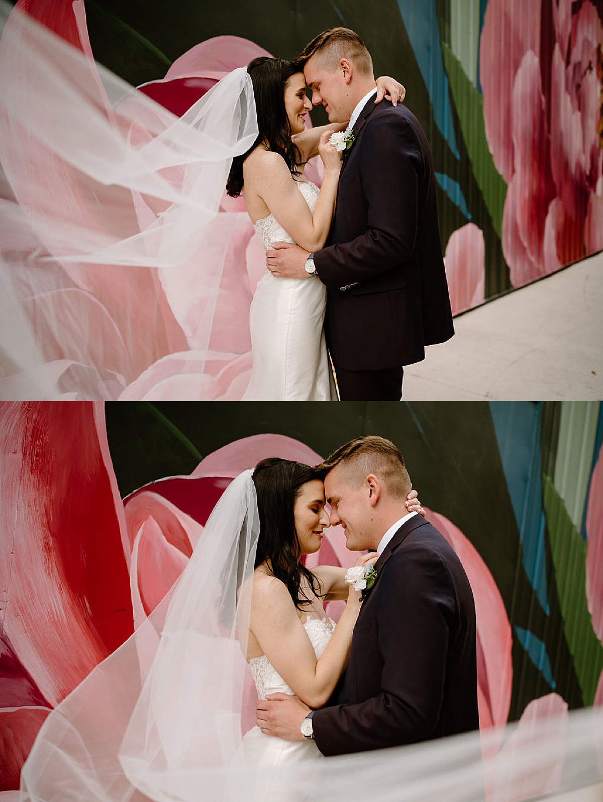 bride and groom kiss in front of colorful mural with veil floating in the wind after Heartfelt Paper Mill on the Landing Wedding