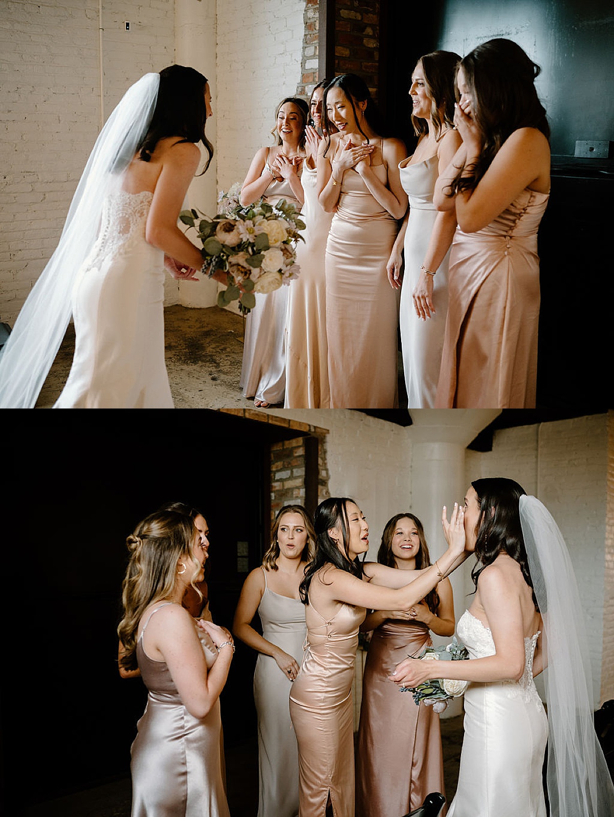 bridesmaids react with tears and smiles to first look at bride during Heartfelt Paper Mill on the Landing Wedding