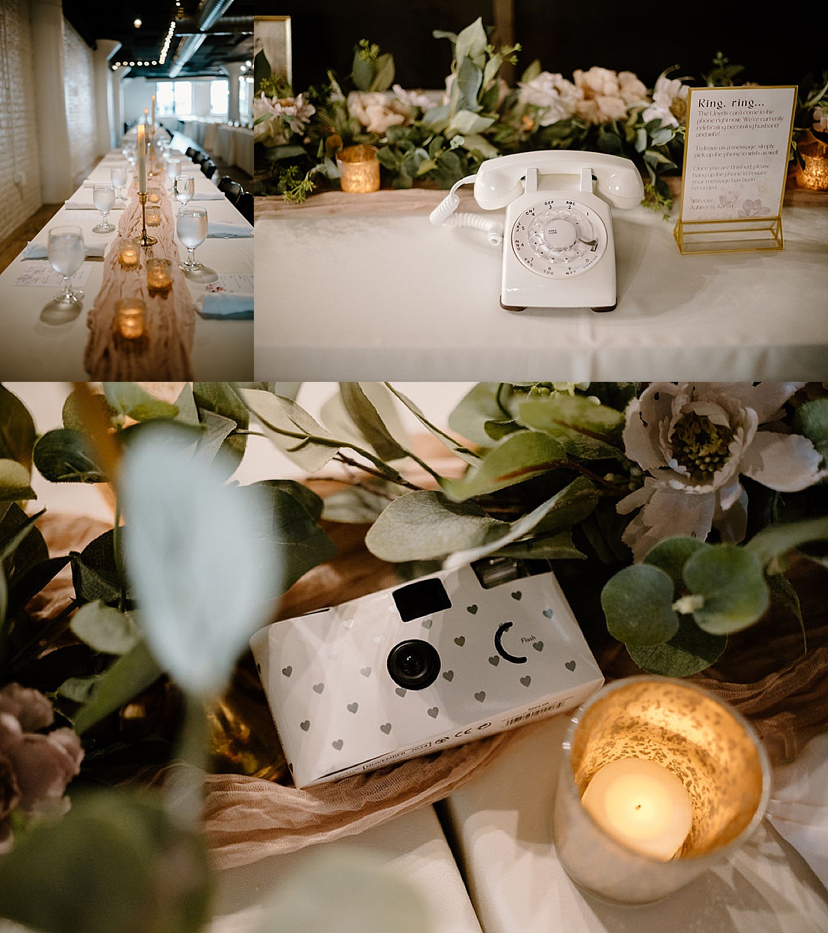 reception details and place settings before elegant Heartfelt Paper Mill on the Landing Wedding