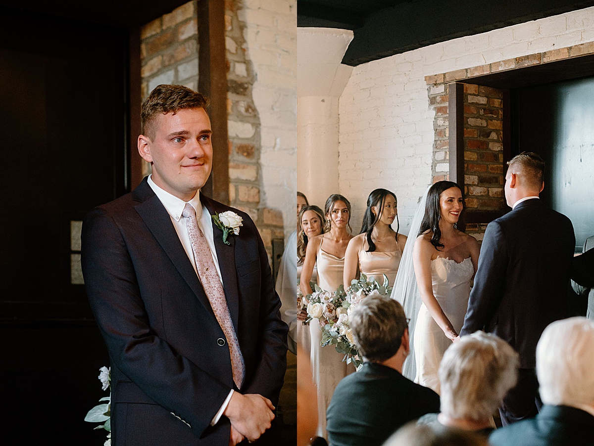 groom tears up watching bride walk up the aisle during ceremony shot by midwest wedding photographer