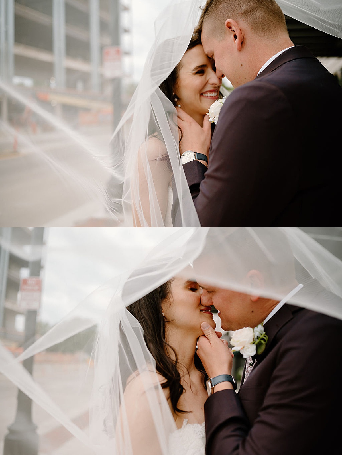 newlywed couple kiss under bride's veil during urban ceremony shot by midwest wedding photographer