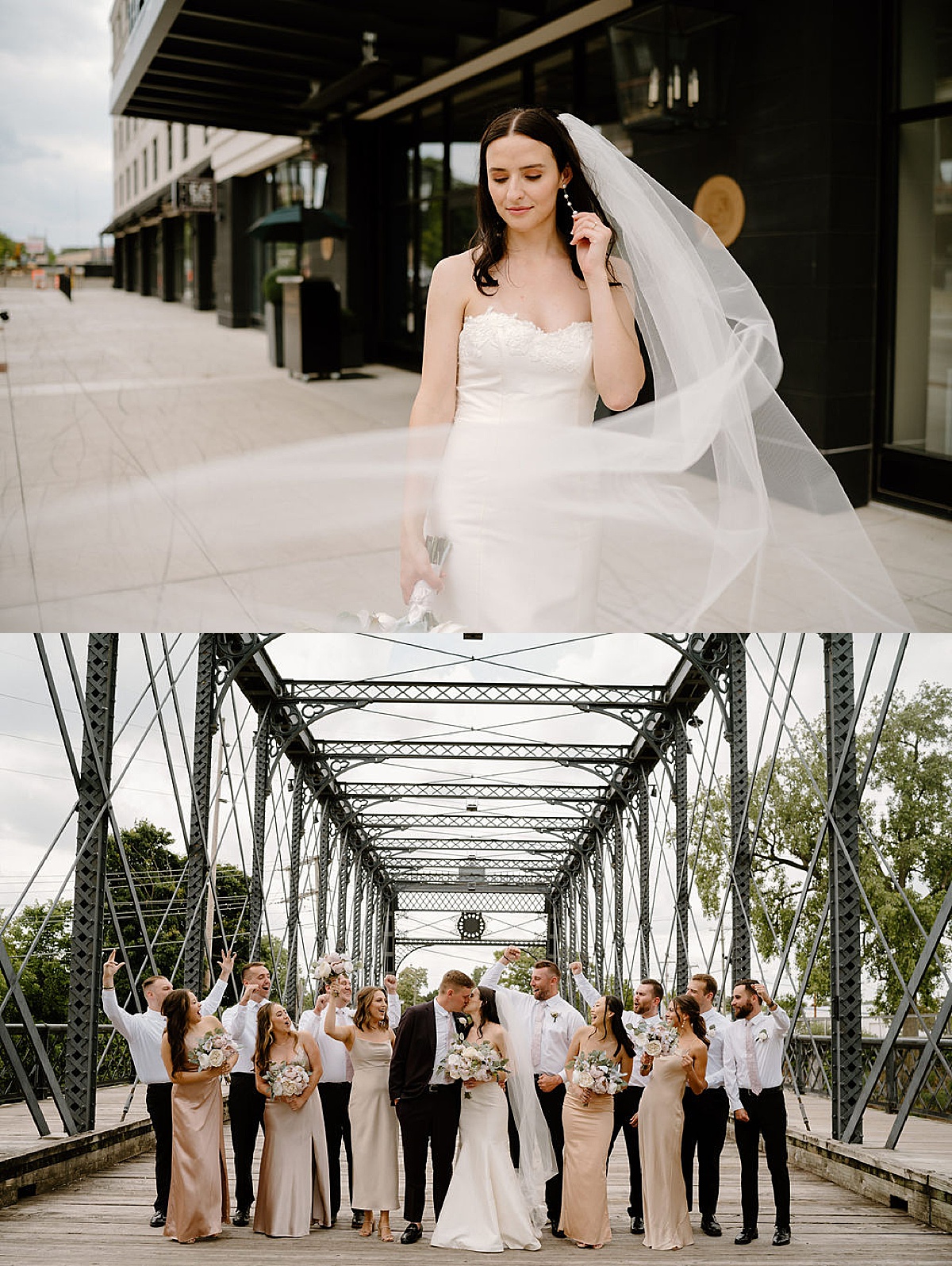 bridal party pose on architectural bridge during elegant wedding shot by  Indigo Lace Collective