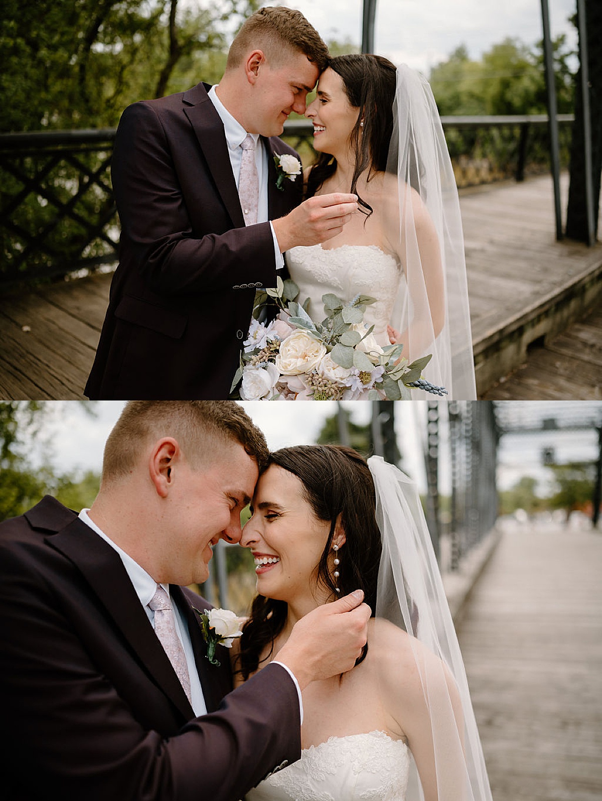 Bride and groom in elegant classic evening wear pose on iron bridge after wedding shot by Indigo Lace Collective