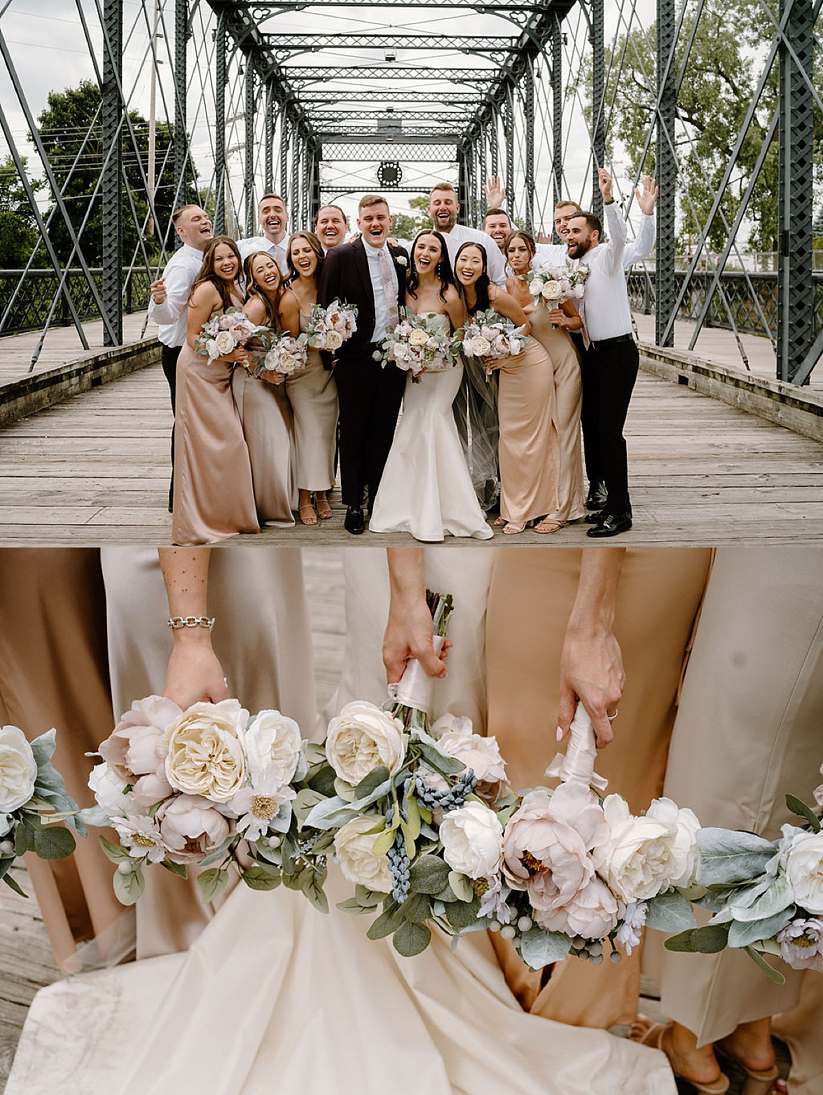 wedding party celebrates newlywed couple on midwest iron bridge after elegant wedding shot by Indigo Lace Collective